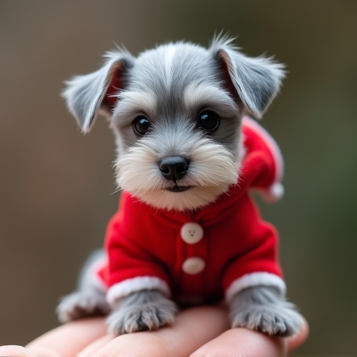 Tiny gray schnauzer puppy sits on a person’s fingertip. Puppy dressed in red Miss Claus suit. Small body fits entirely on one finger. Tender sweet face. Big happy smile. Cheerful demeanor. Smiling puppy looks joyful.