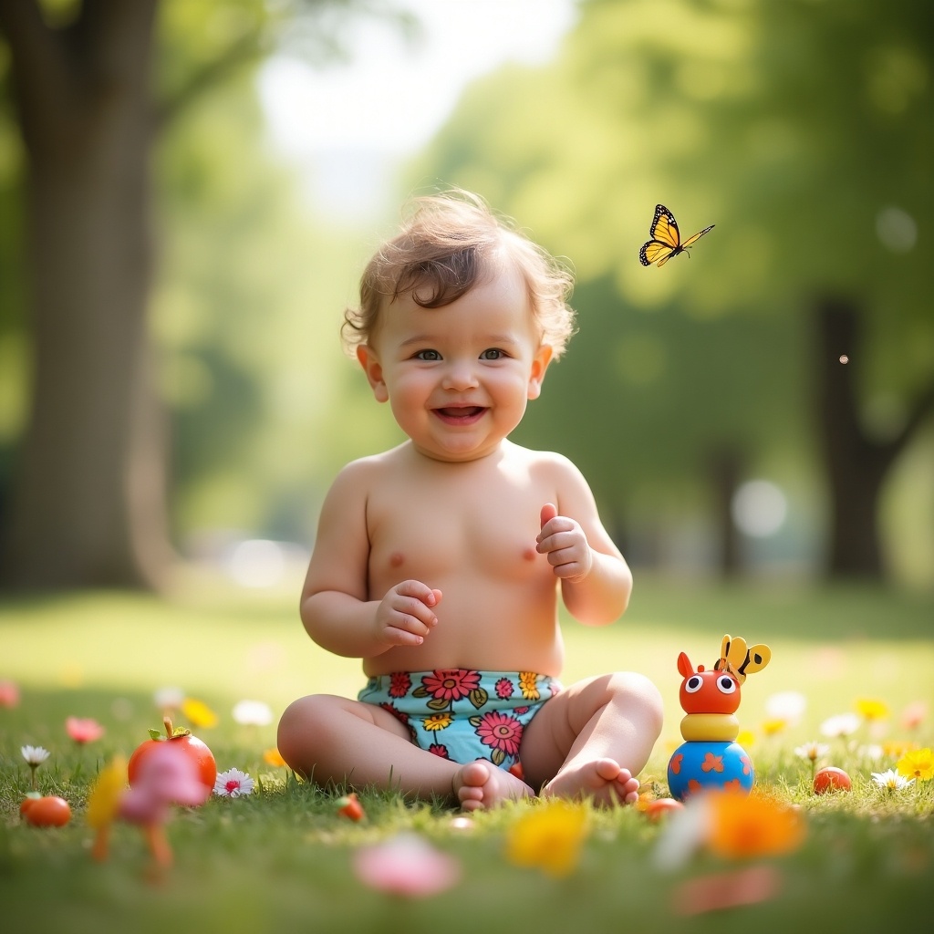 A joyful toddler sits in a grassy area surrounded by colorful flowers and toys. The baby is smiling widely, wearing only a diaper with a floral pattern. Nearby, a cute toy adds a playful element to the scene. A butterfly flits above, contributing to the cheerful outdoor atmosphere. The warm sunlight enhances the sense of happiness and innocence in this lively moment.