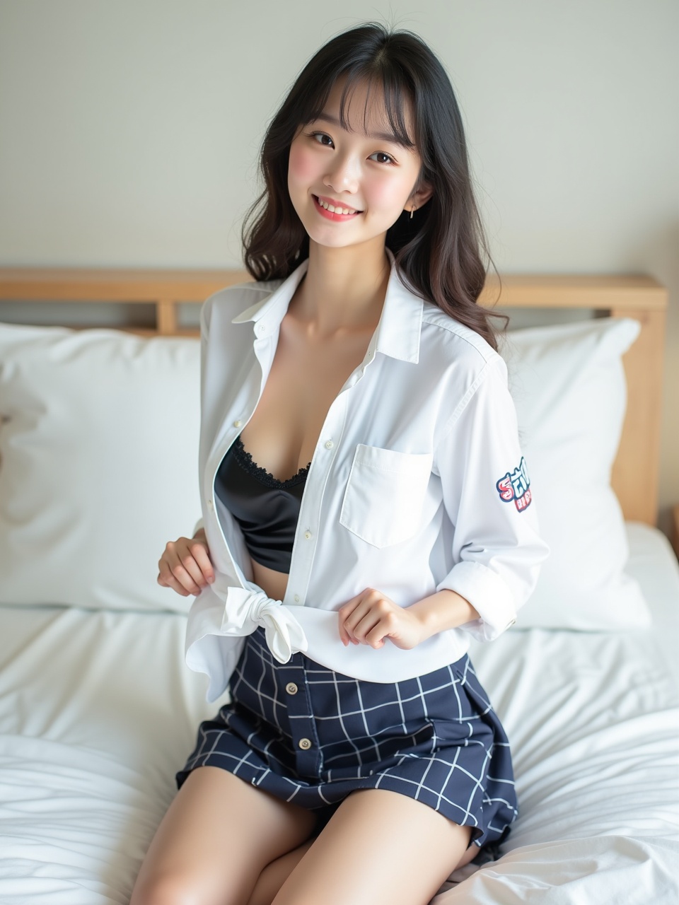 A young woman sits comfortably on a bed, dressed in a buttoned white shirt tied at the waist over a black top and a navy plaid skirt. Her expression is cheerful, adding warmth to the serene bedroom setting. The background is minimal, emphasizing her relaxed pose and bright smile.