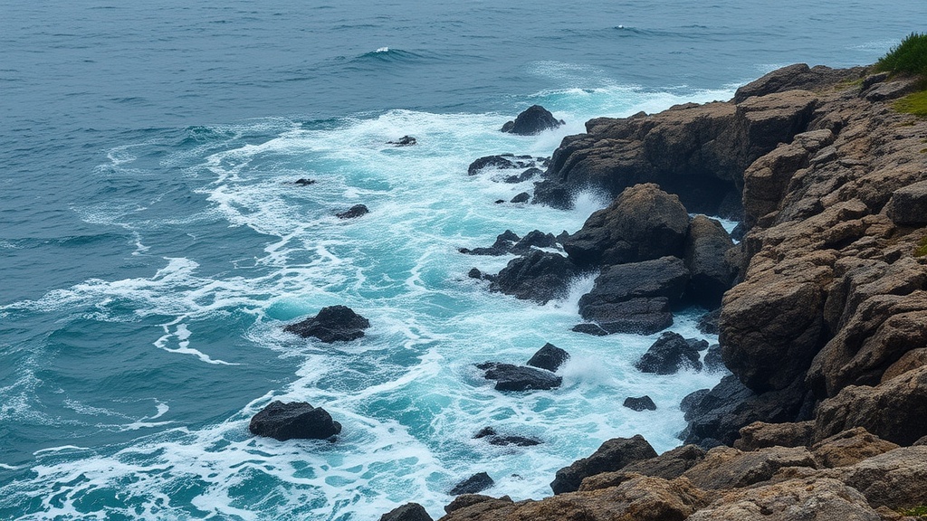 This image captures a rugged coastline with waves crashing against rocky cliffs. The sea displays rich shades of blue, contrasting with the dark, jagged rocks. The overall scene conveys a sense of dynamic natural beauty and serene isolation, emphasizing the power and tranquility of the ocean.