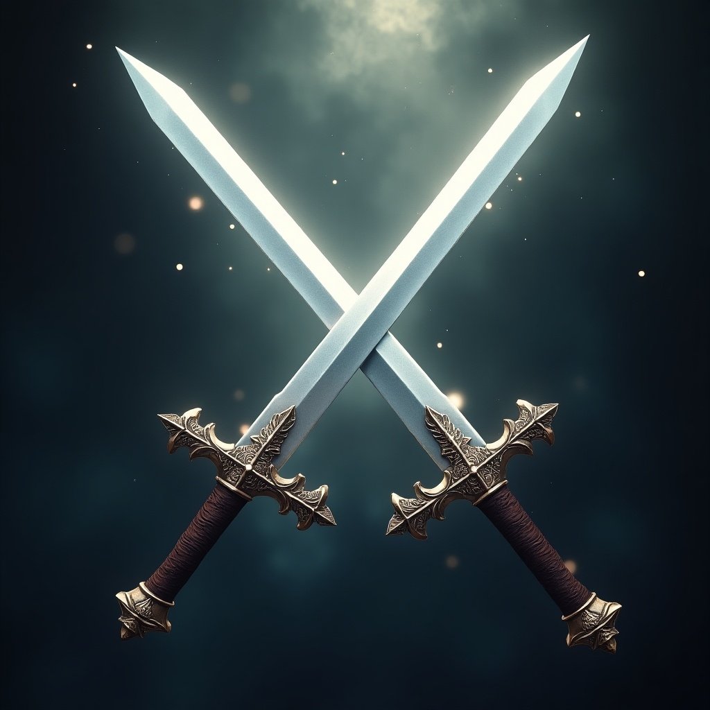 Image of two swords crossing each other. The swords have ornate hilts and a shiny blade. Background is dark with hints of light and particles. Focus on the swords.