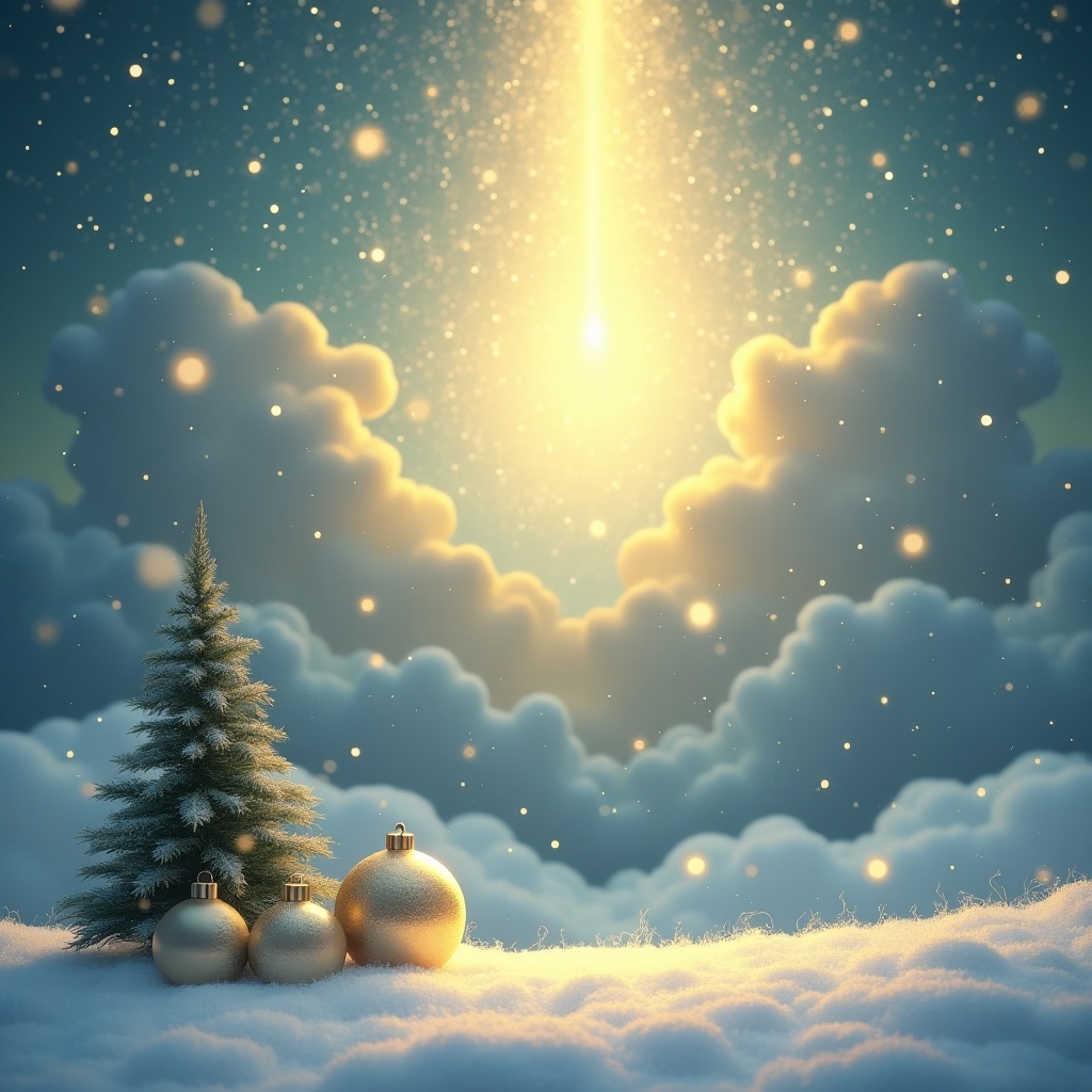 This serene winter scene captures the essence of Christmas with a snowy landscape adorned by a small evergreen tree and beautifully decorated ornaments. Above, a radiant beam of light pierces through fluffy clouds, evoking a sense of hope and remembrance. The atmosphere is tranquil and soft, with gentle snowfall and a warm glow illuminating the scene. This image symbolizes the connection to lost loved ones, particularly evoking memories of my son, James, this Christmas. The colors are a harmonious blend of gold, white, and blue, creating a magical ambiance.