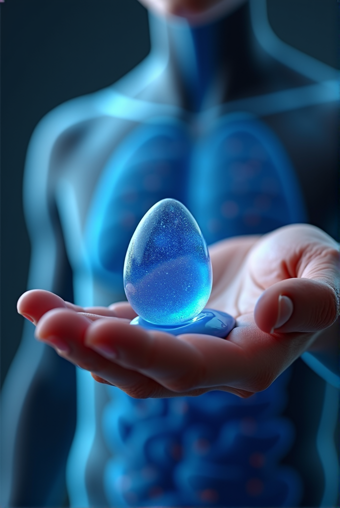 A person is holding a glowing blue egg with a sleek, futuristic body in the background.