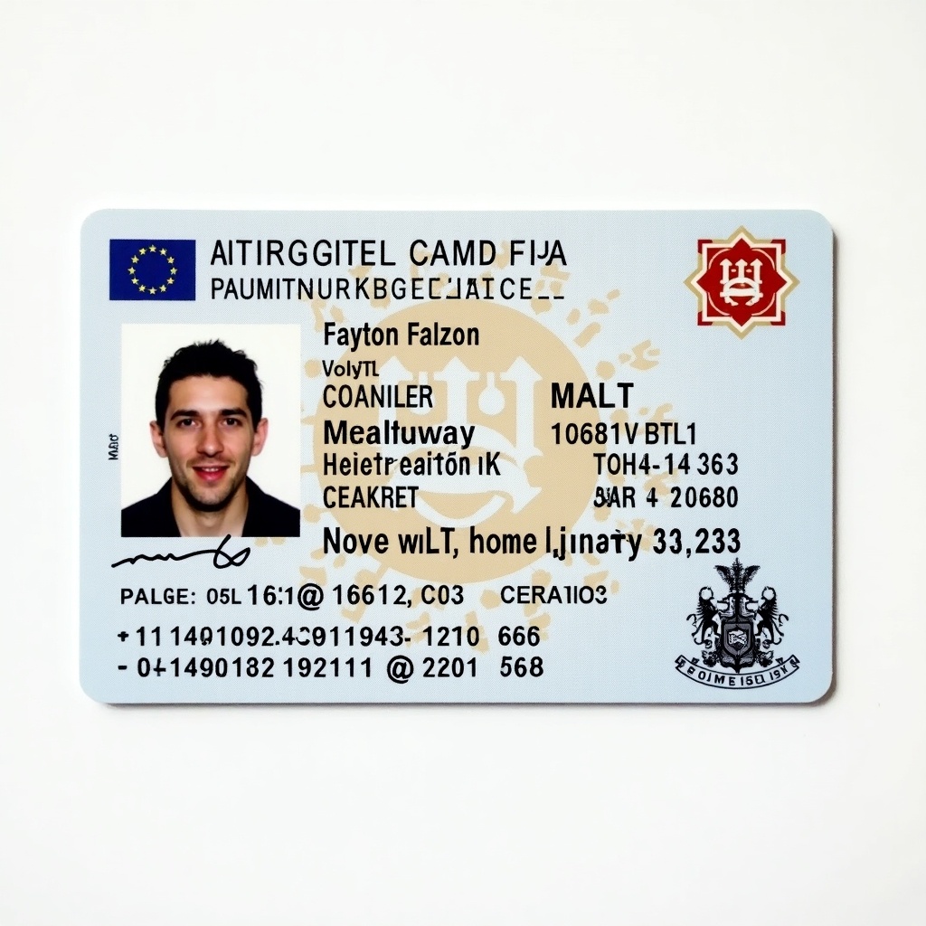 Identity card from Malta. Features an intricate design and European Union emblem. Name on the card is Fayton Falzon. Nationality is Maltesian. Date of birth is June 5, 1988. Validity period is from January 31, 2023 to January 30, 2033. Includes identification numbers and a signature. Contains security features to prevent forgery.