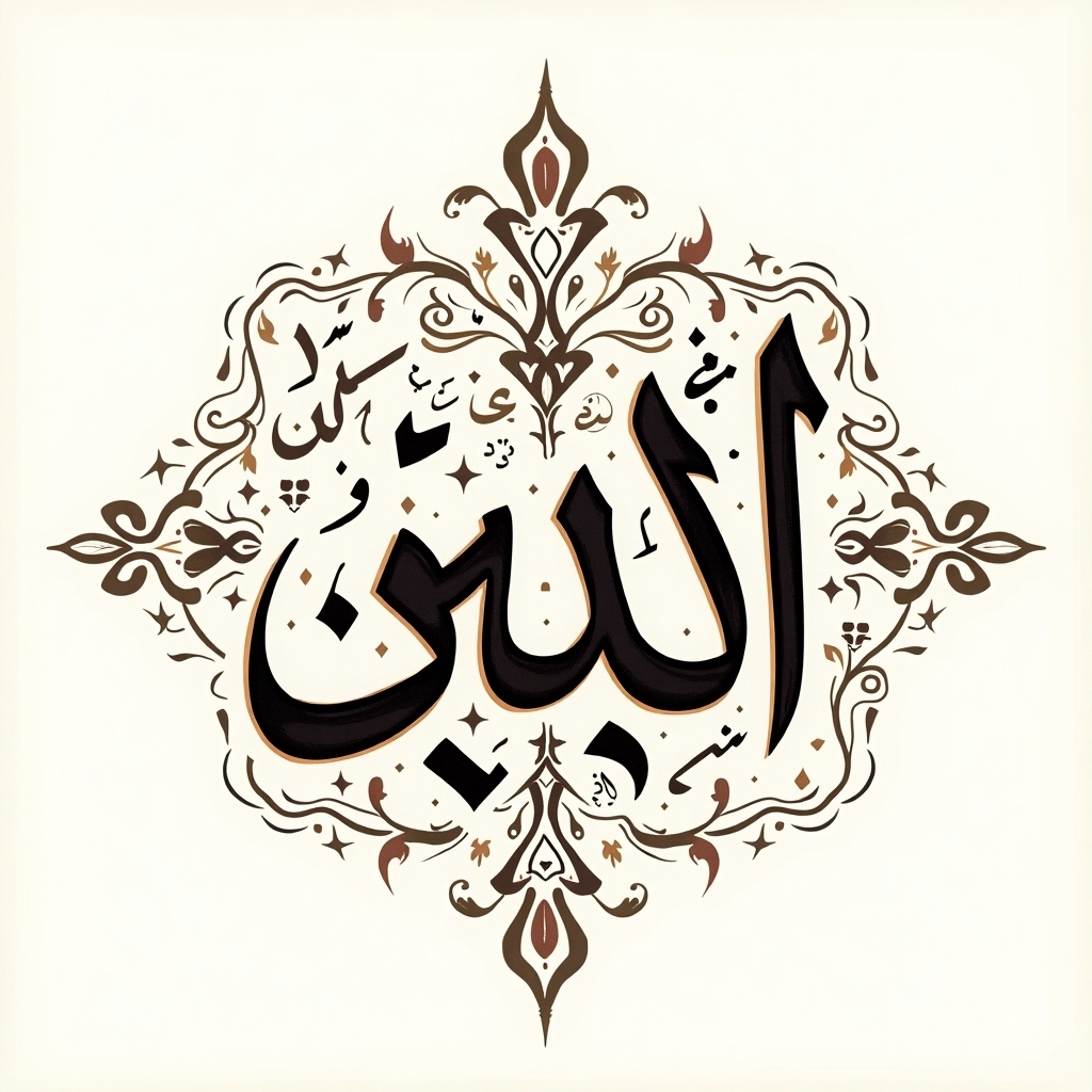 Intricate calligraphy design featuring the word 'الله'. Decorative elements surround the central text. Elegant and artistic style, showcasing cultural significance.