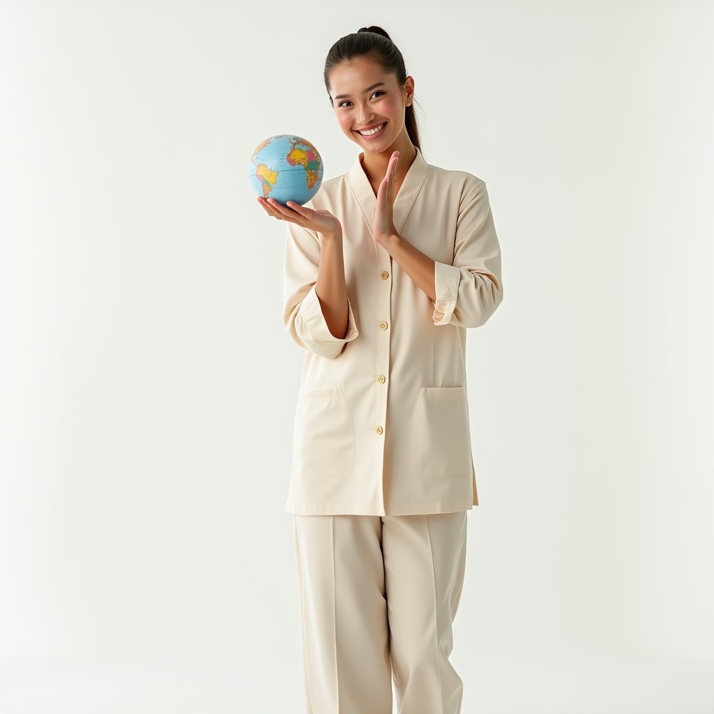 Image of a spa assistant wearing a modern cream uniform. Assistant holds hands together as if holding a globe. The background is a transparent white. Aim for high cinematic quality and photo realism with a 4k resolution. Assistant appears European with a slight tan, creating a serene atmosphere with space around.