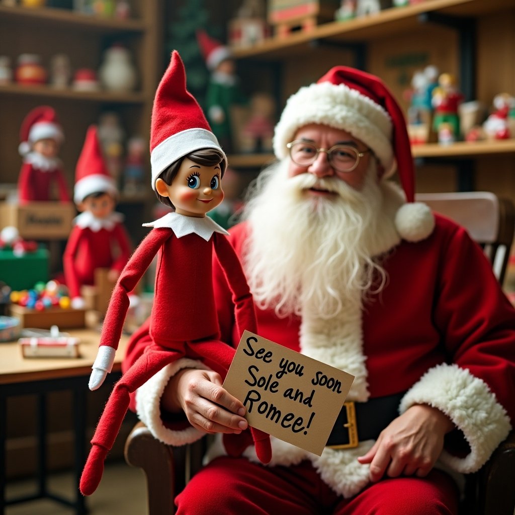 Elf on the shelf in red outfit holding sign saying ‘See you soon Sole and Romeo!’ Santa Claus in toy workshop filled with toys and working elves.