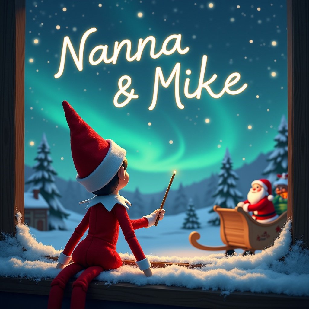 Elf on the shelf sits facing the northern lights. The elf uses a wand to write 'Nanna & Mike' in the sky. The background shows Santa Claus on a sleigh with snowy trees. A festive and magical Christmas atmosphere surrounds the scene.