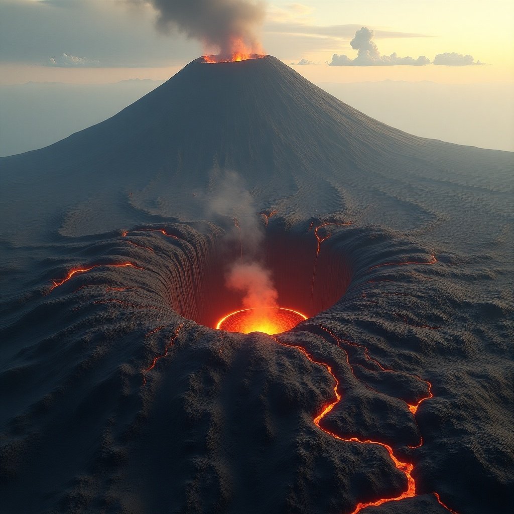 Detailed volcanic landscape with active volcano. Central large smoking crater. Dark lava flows winding down sides. Rough jagged rocks. Sparse vegetation. Scorched earth areas. Small volcanic vents releasing steam. Cloudy sky with ash bursts. Color gradient from dark to reddish-brown and yellow. Intense dramatic atmosphere of volcanic activity.