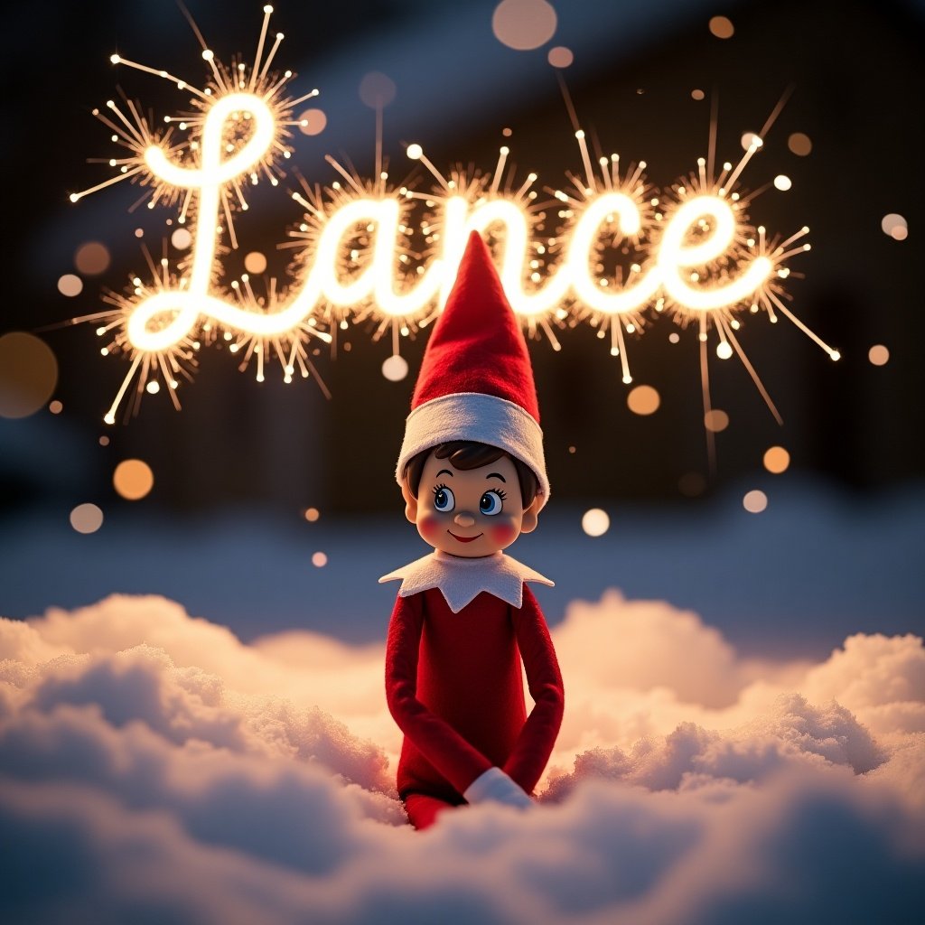 Cheerful elf doll sitting in snow at night. Red outfit with pointy hat. Sparkling name 'Lance' in sky made of light. Enchanting festive atmosphere. Magical Christmas scene.