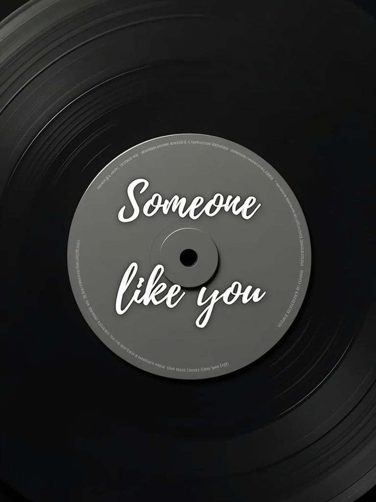 10 inch vinyl with gray label. Text 'Someone like you' written on the label. Black background surrounds the vinyl.