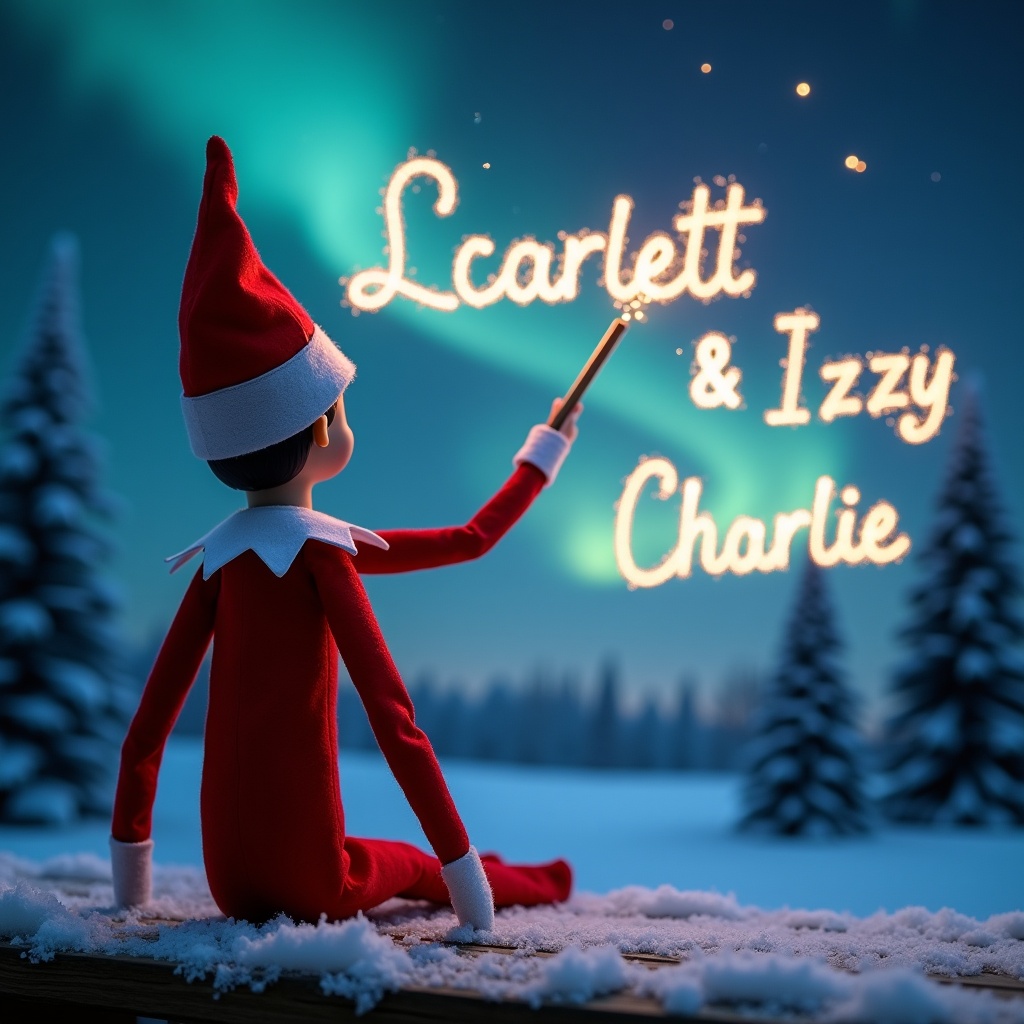 This image features an elf on the shelf turned away from the viewer, gazing upwards into a magical night sky. It holds a magic wand, inscribing the names 'Lucas & Izzy' in elegant sparkling letters. The scene is alive with the vibrant colors of the northern lights dancing above. Santa is subtly included in the background, enhancing the festive spirit. The ground is covered in soft, fluffy snow, adding to the serene winter ambiance. This artwork perfectly captures the wonder of the holiday season, dripping with cheer and enchantment.