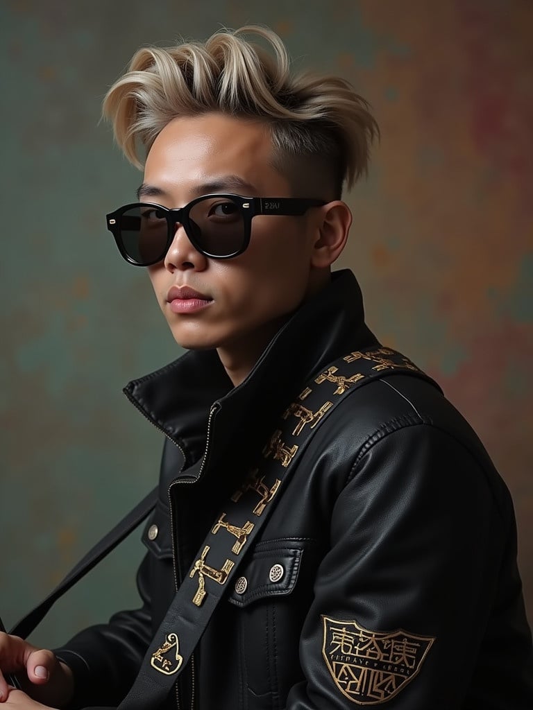 Portrait of a young man singing on stage. He wears rocker clothing and faces the camera while posing. Background features artistic texture and colors.