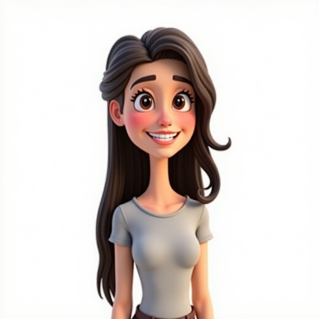 A cartoon character, a young woman in her 20s with long hair and a smile. She wears basic clothing set against a white background. The style is realistic and rendered in 3D.