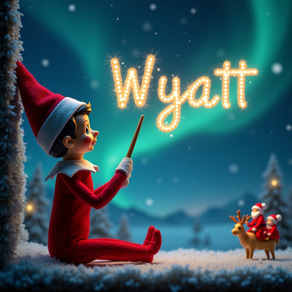 Elf on the shelf writing name Wyatt in the night sky with a wand. Background shows a magical Christmas scene with northern lights and Santa. The word Wyatt is stylishly illuminated.