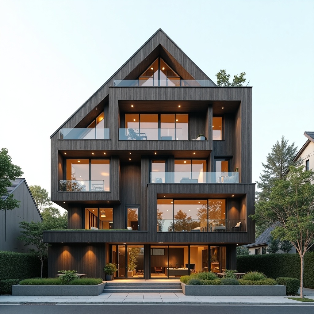 This image showcases a modern two-floor architectural design characterized by a tall roof and a dynamic facade featuring stacked geometric shapes. The building includes a stunning skylight and a rooftop garden that enhances its aesthetic appeal. The use of natural materials such as wood, glass, and stone creates a beautiful contrast, making the structure inviting and contemporary. The design emphasizes clean lines and a bold look, attracting attention from passersby. The setting is enhanced with landscaped greenery that complements the structure, creating a harmonious environment.