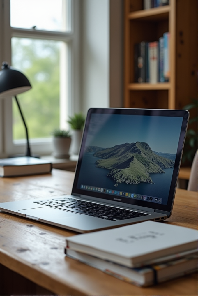 A laptop sits on a wooden desk with books and a potted plant nearby, near a window letting in natural light.