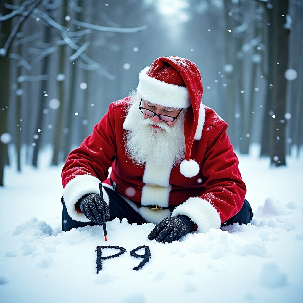 Santa Claus is depicted in a snowy forest, dressed in his iconic red suit and hat. He is kneeling in the snow, writing 'P9' with a brush. Snowflakes are gently falling around him, creating a magical winter atmosphere. The trees in the background are tall and covered in snow, adding to the serene setting. This image captures the essence of the holiday spirit and the joy of Christmas. Santa's expression is focused and cheerful, inviting viewers into this festive scene.