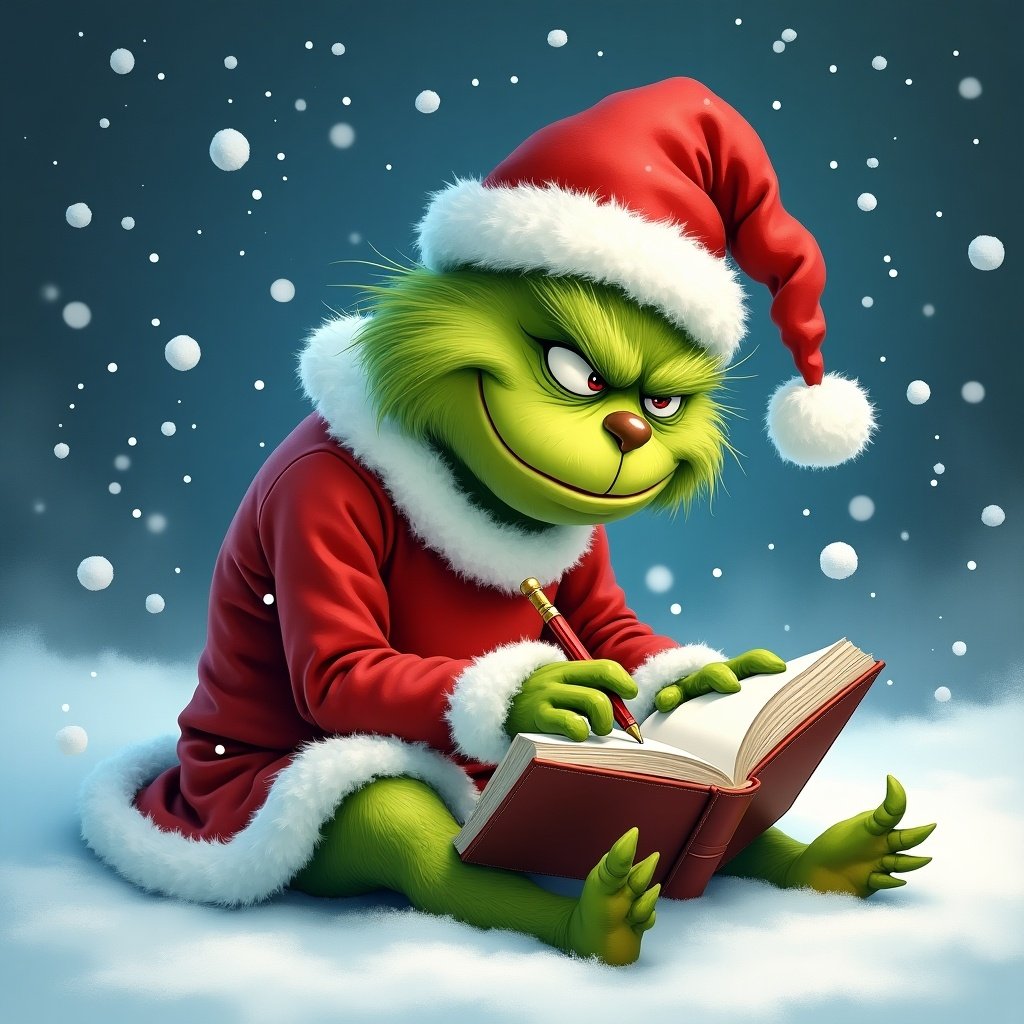 Grinch in Santa outfit. Sitting in snow and writing in a book. Snowflakes falling creates festive scene. Green fur contrasts with red outfit.