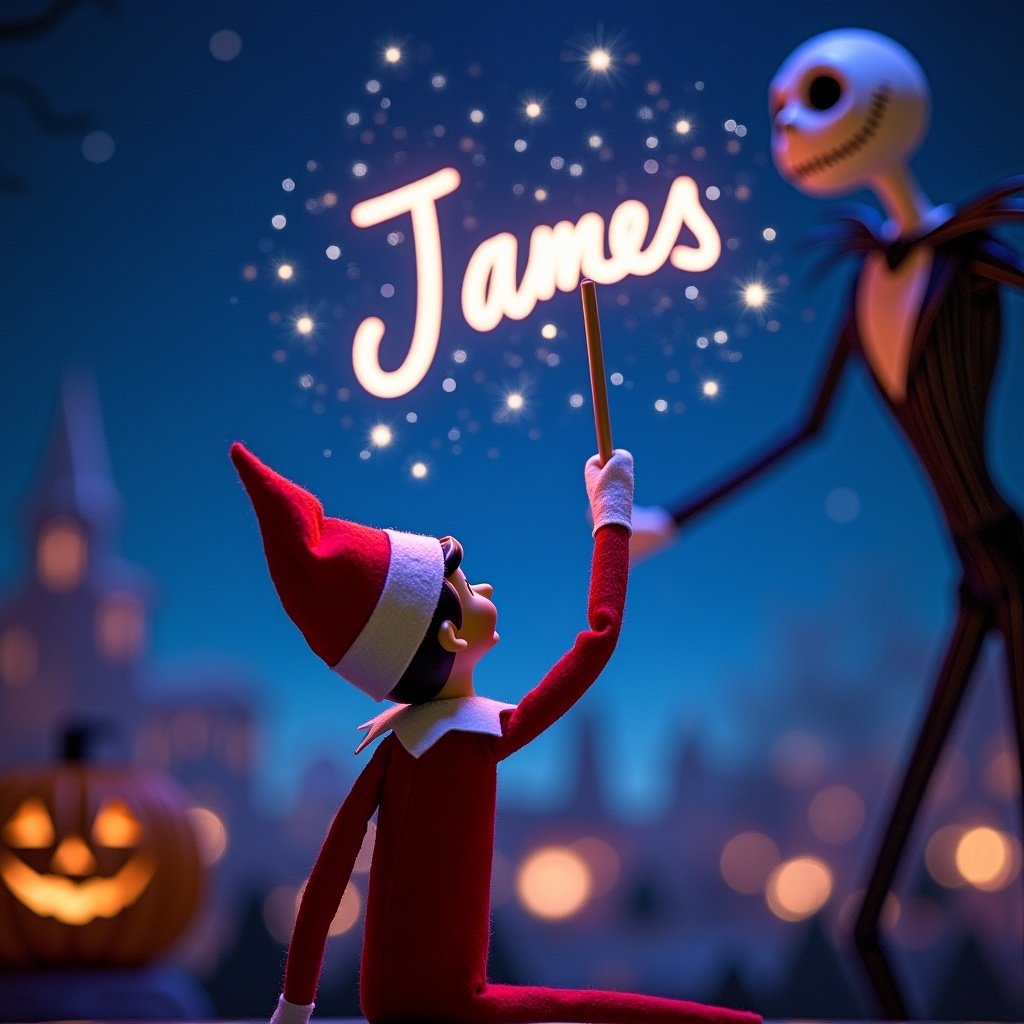 Elf on the Shelf character uses a wand to spell out James in the sky. Background features a magical Jack Skellington.