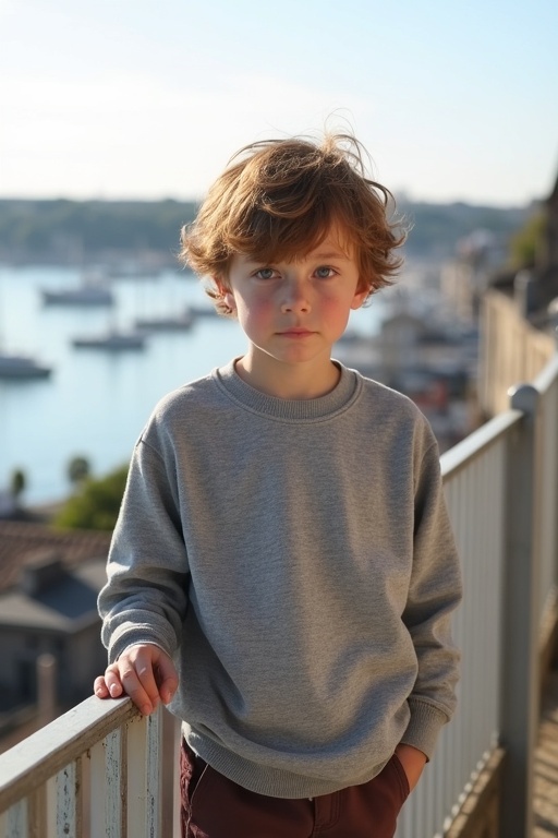 A young boy wearing a gray sweatshirt stands on a balcony. He has short light brown hair. He looks shy and sweet. The background features a sunny harbor in Normandy. The scene conveys peace and quiet.