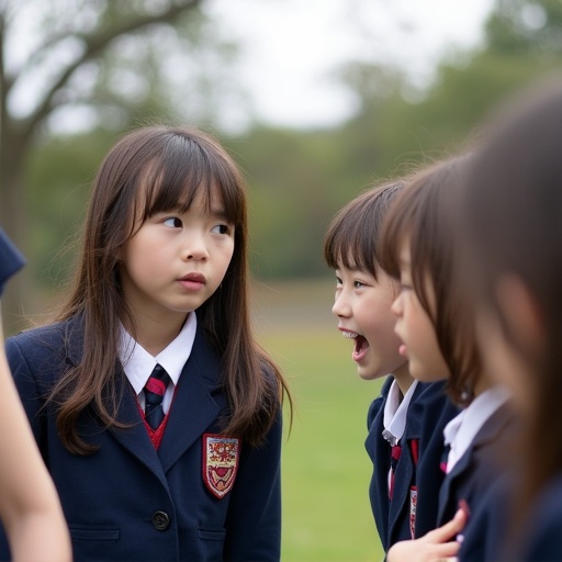 Image of girls wearing school uniforms at a school setting. The setting has a green field in the background. The girls appear engaged in conversation. They are wearing navy blazers with school emblems.