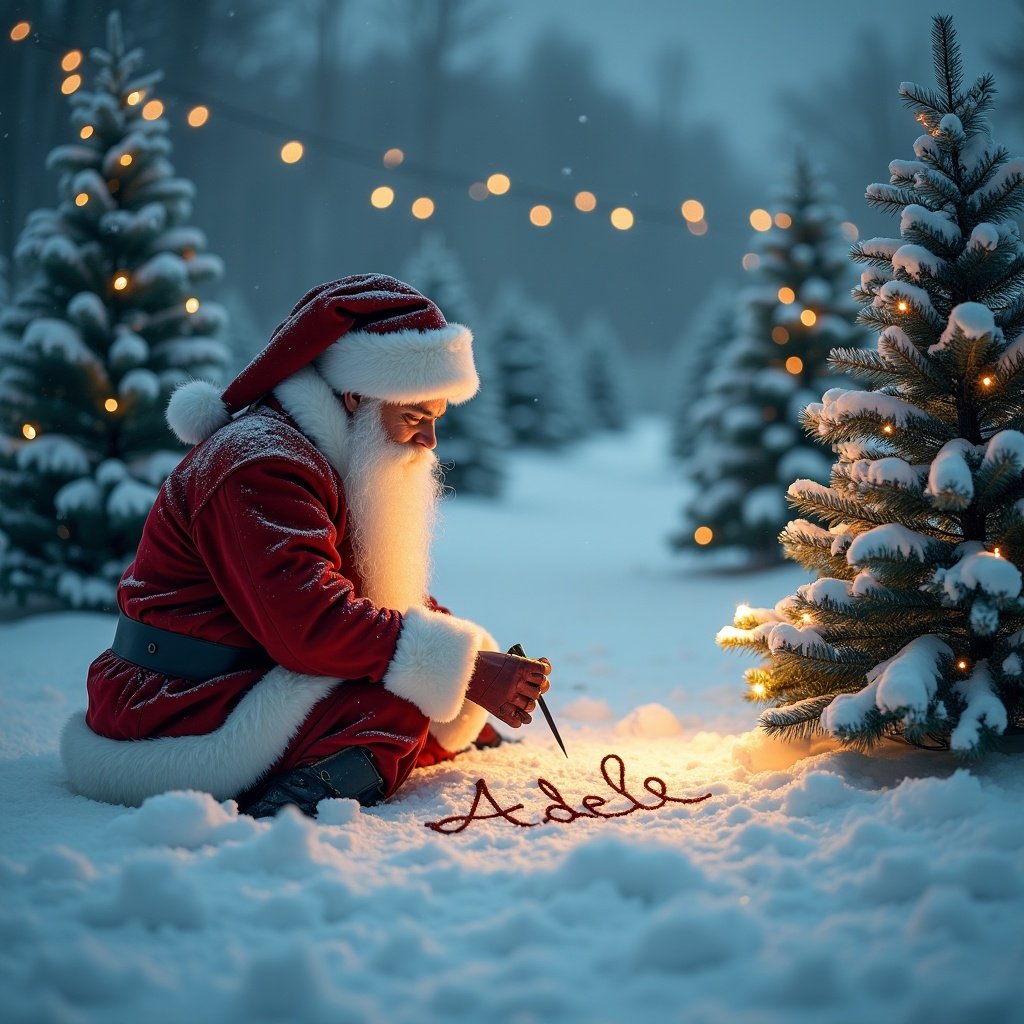 Santa Claus is outside in snowy winter. Surrounding Christmas trees are decorated with lights. Santa is writing 'Adele' in the snow.