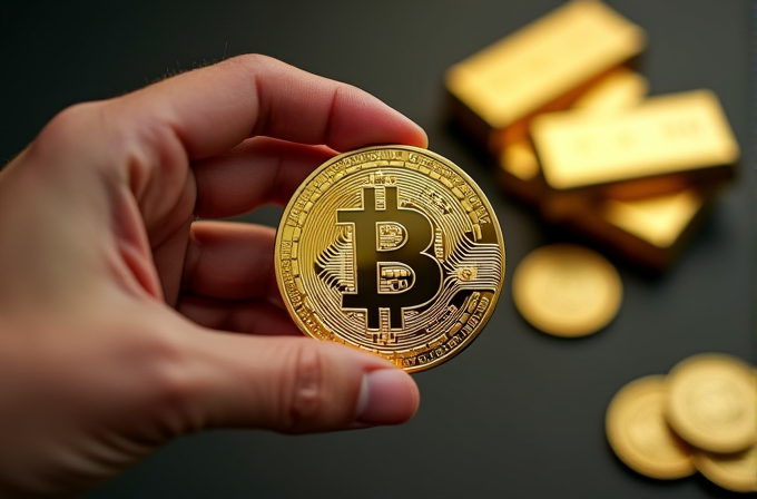 A hand holds a golden Bitcoin over a background of gold bars and coins on a dark surface.