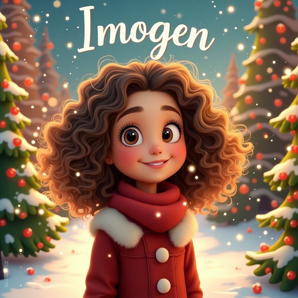 Cartoon character with curly brown hair in front of Christmas trees with snow. Smiling girl named Imogen in red coat.