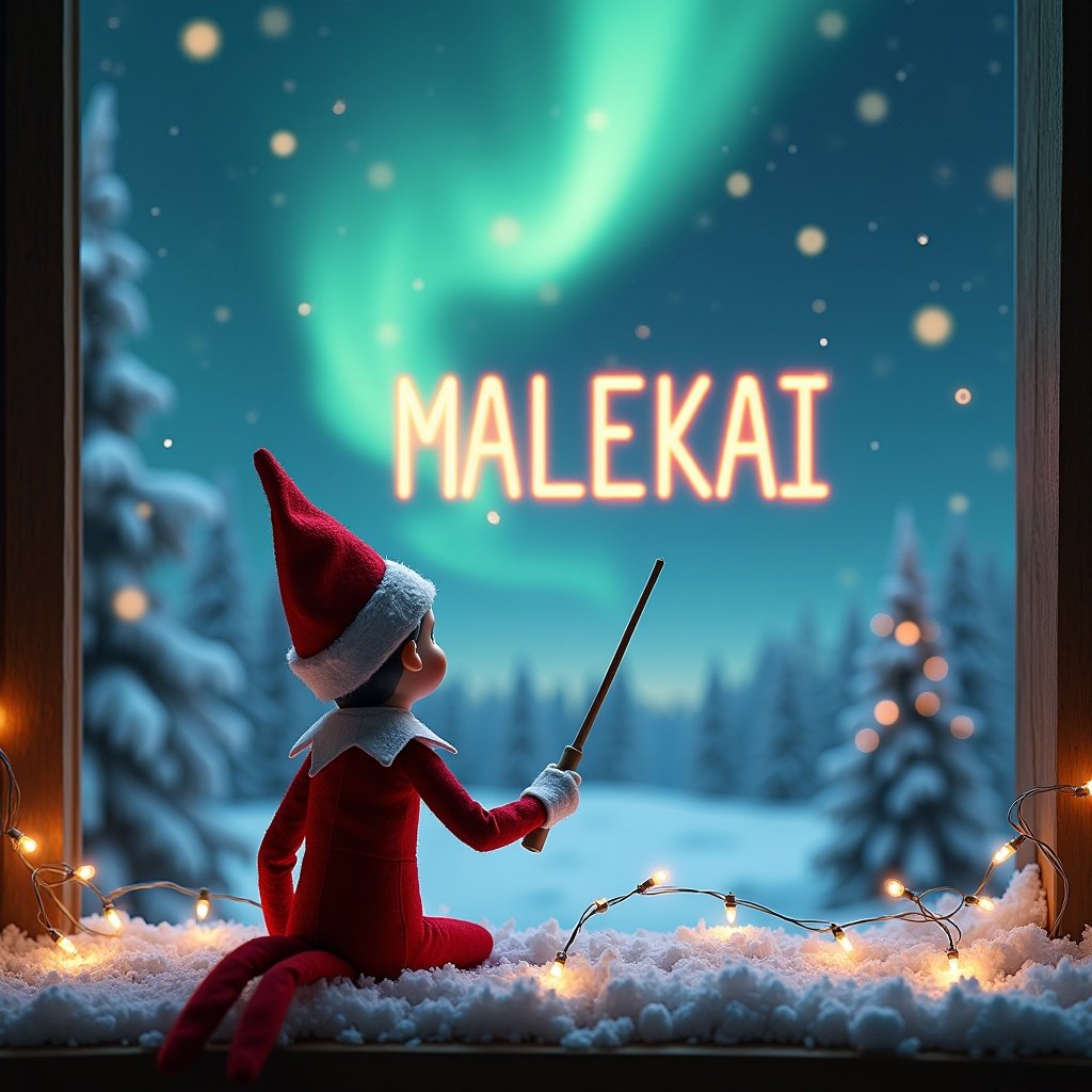 Enchanted scene features elf on shelf facing winter sky. Elf dressed in red outfit with Christmas hat. Using a wand to write 'MALEKAI' in sky. Backdrop has swirling northern lights. Snow-covered trees enhance festive feel. Twinkling lights seen in foreground.