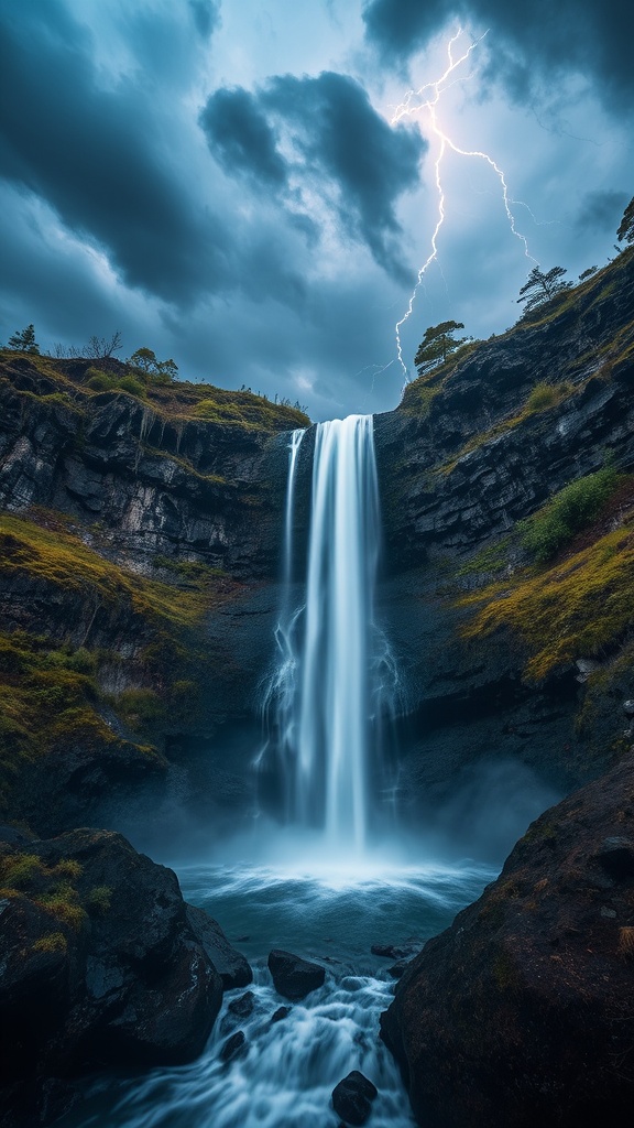 A dramatic waterfall cascades down rocky cliffs under a stormy sky illuminated by a striking lightning bolt.