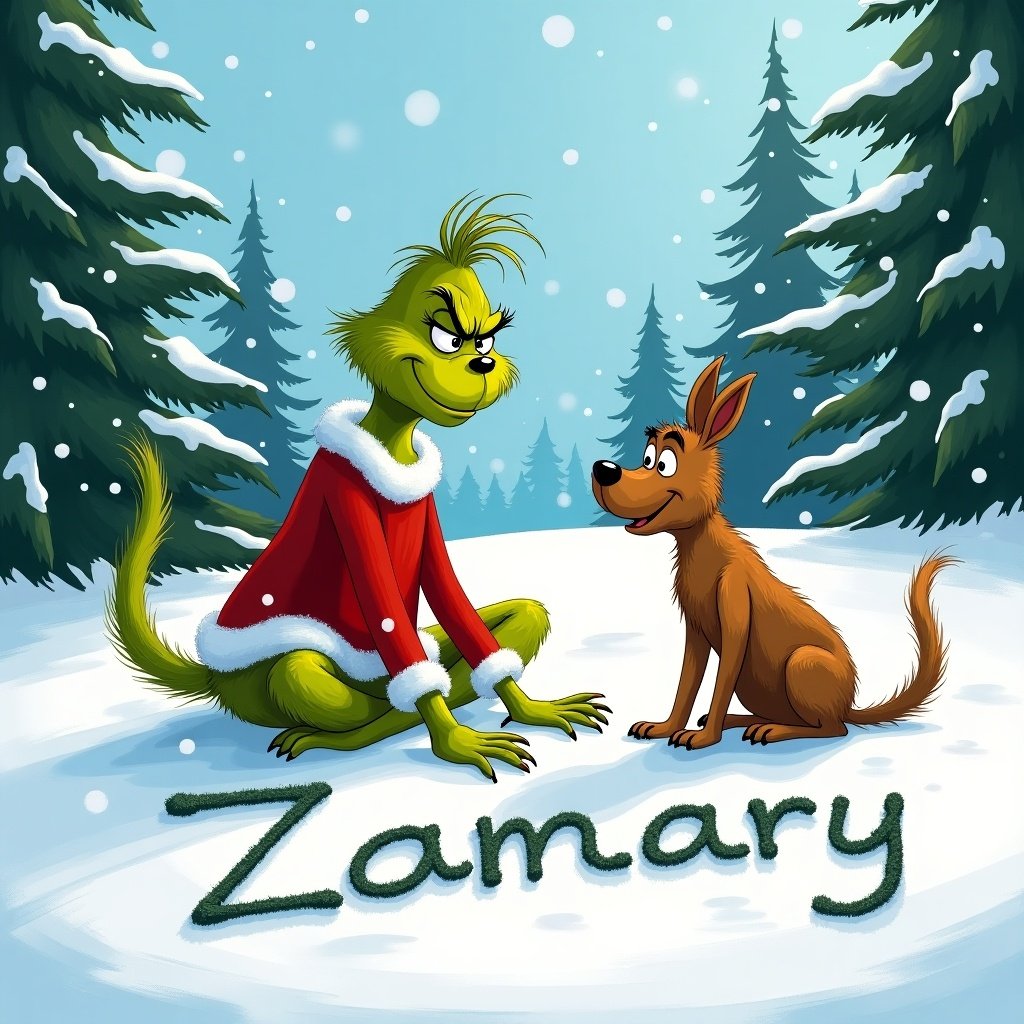 The Grinch sits with Max on snowy ground. They write Zamary in the snow. There are evergreen trees in the background and snowflakes falling.