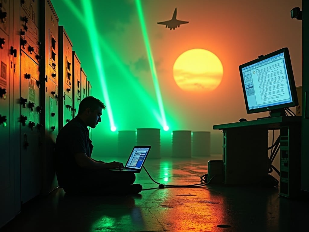 The image depicts an engineer sitting on the floor of a dimly lit lab, programming on a laptop. Beside him is an electrical control panel, and in the background, we can see barrels marked with radiation warnings. Bright green laser beams cut through the smoky air, creating a mysterious atmosphere. An impressive orange sun illuminates the scene, providing a stark contrast to the dark surroundings. Above, a fighter jet flies past, adding an element of action to the stillness below. A nearby computer monitor displays 'Silex 2' and 'Rise of Brendan', clearly visible against the backdrop.