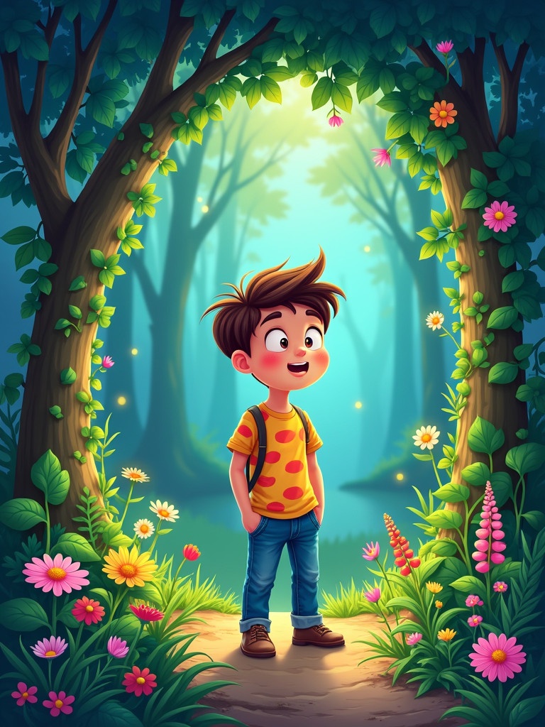 Vibrant and whimsical illustration of a boy in a colorful t-shirt and jeans standing amazed at a magical plant arch in a lush, green forest. Glowing flowers and vibrant foliage surround him. Cartoonish art style captures a sense of adventure.