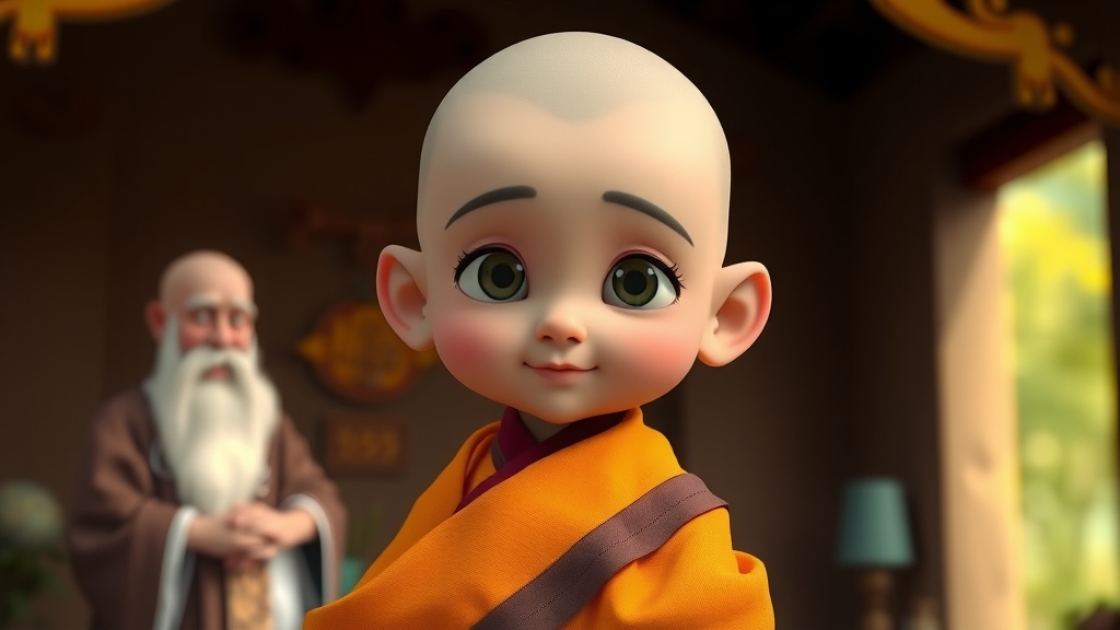 A cute animated child monk with large eyes and a warm smile, accompanied by an elderly figure in a serene setting.