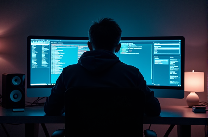 A person in a dimly lit room intensely working on code displayed on a wide curved monitor.