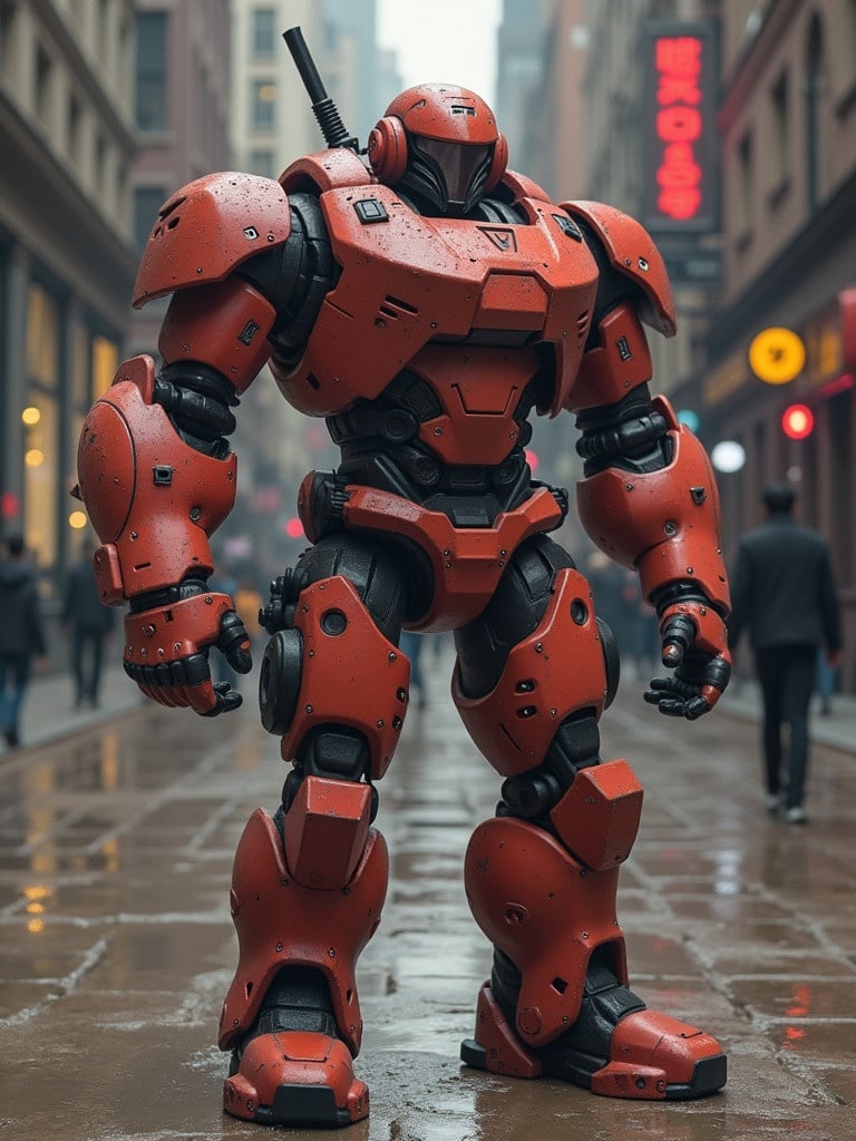 A futuristic cyborg stands on a wet street in a bustling urban environment. The cyborg is painted in a vibrant red color, emphasizing its massive feet and armored features. The background is blurred to emphasize the cyborg's presence.