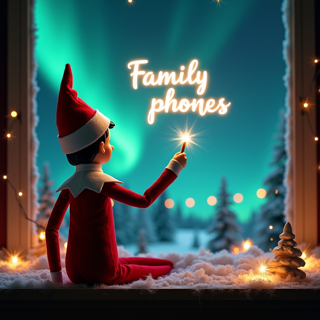 Enchanting Christmas scene with elf on the shelf facing the sky. Elf dressed in red and white holds a wand. Writing 'Family Phones' and 'Divorce Team' in glowing script above. Vibrant northern lights as backdrop create magical ambiance. Festive portrayal of Christmas with whimsical twist and sense of wonder.