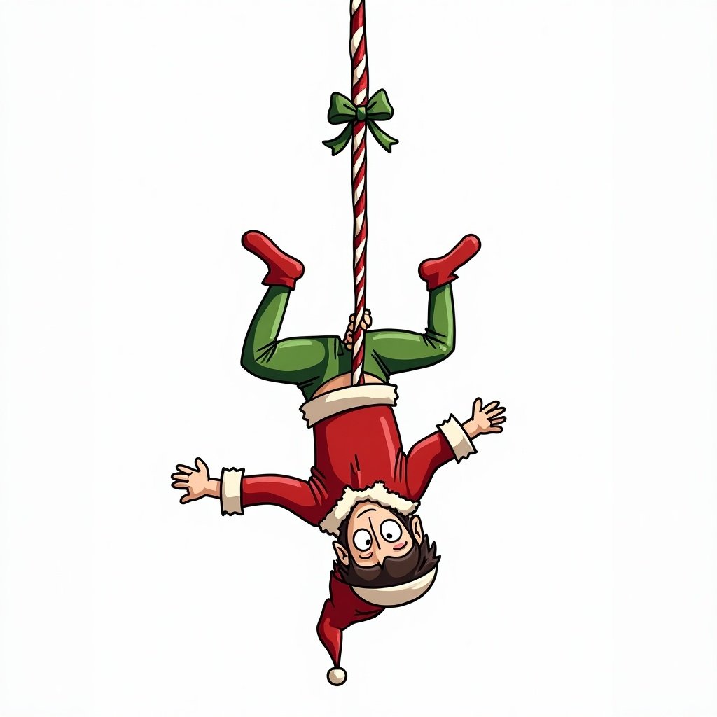 Draw a Christmas Elf upside down. Elf attached to a candy cane rope. Scene inspired by Mission Impossible.