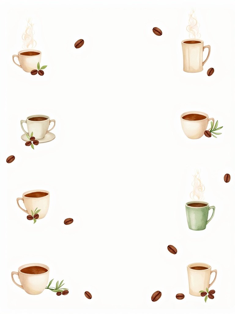 Watercolor illustration featuring coffee cups arranged on a white background. Cups in various colors include beige green and brown. Steam rises from the cups. Coffee beans are scattered around. Simple and decorative layout.