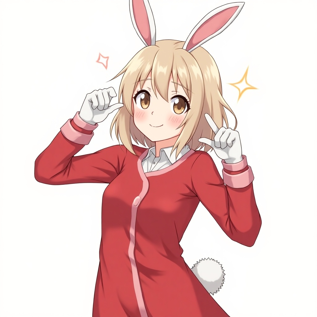 Anime character with bunny ears wearing a red outfit. The character poses playfully. She has a cute expression and is wearing white mitts. Her hair is blonde and she has a fluffy tail at the back. The background is plain white.