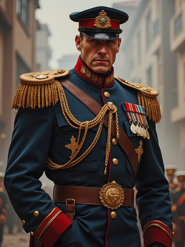 A six-star general in a ceremonial military uniform. The uniform is detailed and ornate with gold embellishments and various medals. The setting appears to be a historical military parade.