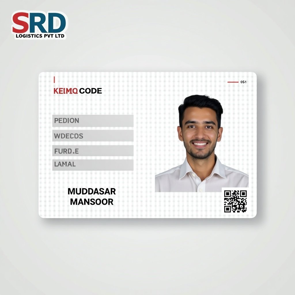 Design an ID card for SRD Logistics Pvt Ltd with sections for a photo and identification. The card includes the name Muddasar Mansoor.