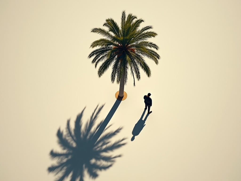 This image features a lone palm tree viewed from above. The perspective is diagonal, enhancing the sense of solitude. Below the palm tree, there is a silhouette of a man leaning against the trunk. The shadow cast by the tree and the man stretches off towards the bottom left. The overall atmosphere of the image evokes feelings of tranquility and reflection.