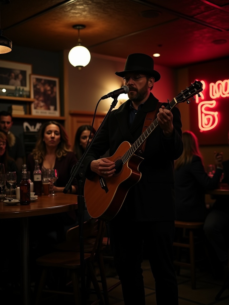 An intimate setting in a pub with a musician performing traditional Irish music with an acoustic guitar. Audience enjoys the atmosphere. Dim lighting enhances the vibe of a local pub.