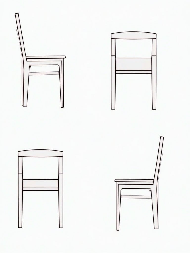 Chair design depicted from different angles. Simple outline representation. Suitable for CAD applications. Illustrates side and back views of the chair.