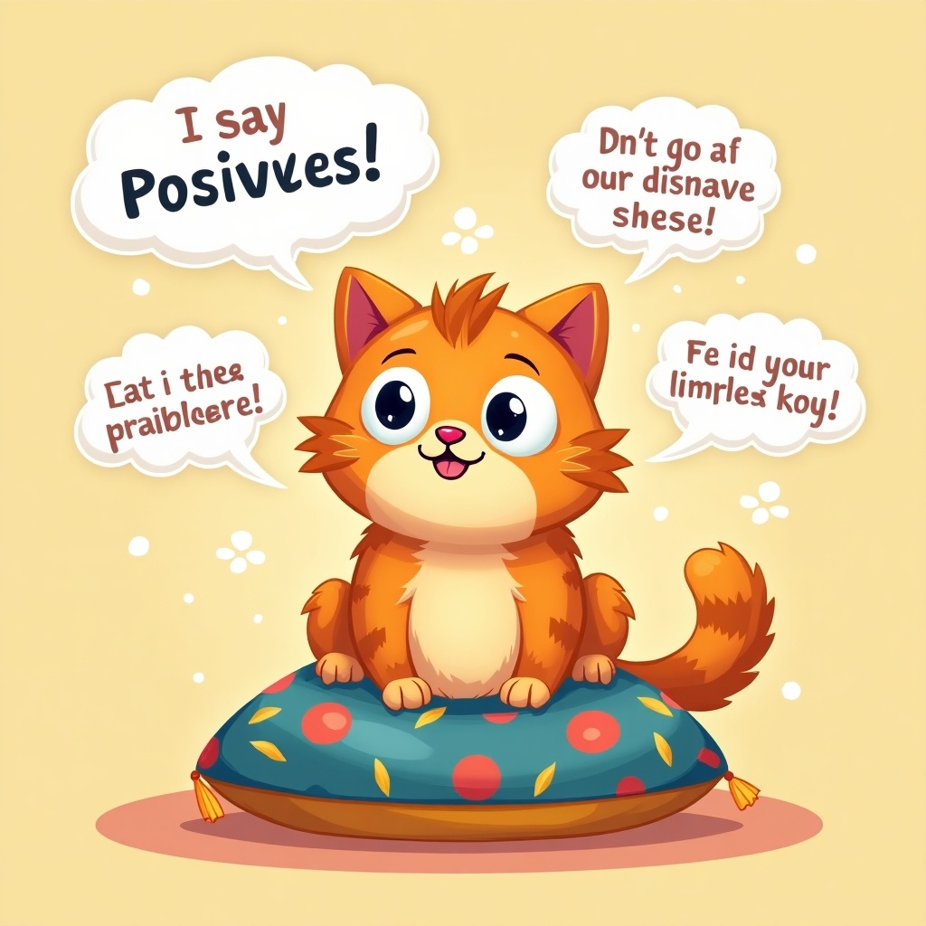 Create a cute and positive cat chattering meme. Illustrate an adorable cat sitting on a colorful pillow. Incorporate speech bubbles with light-hearted and uplifting messages.