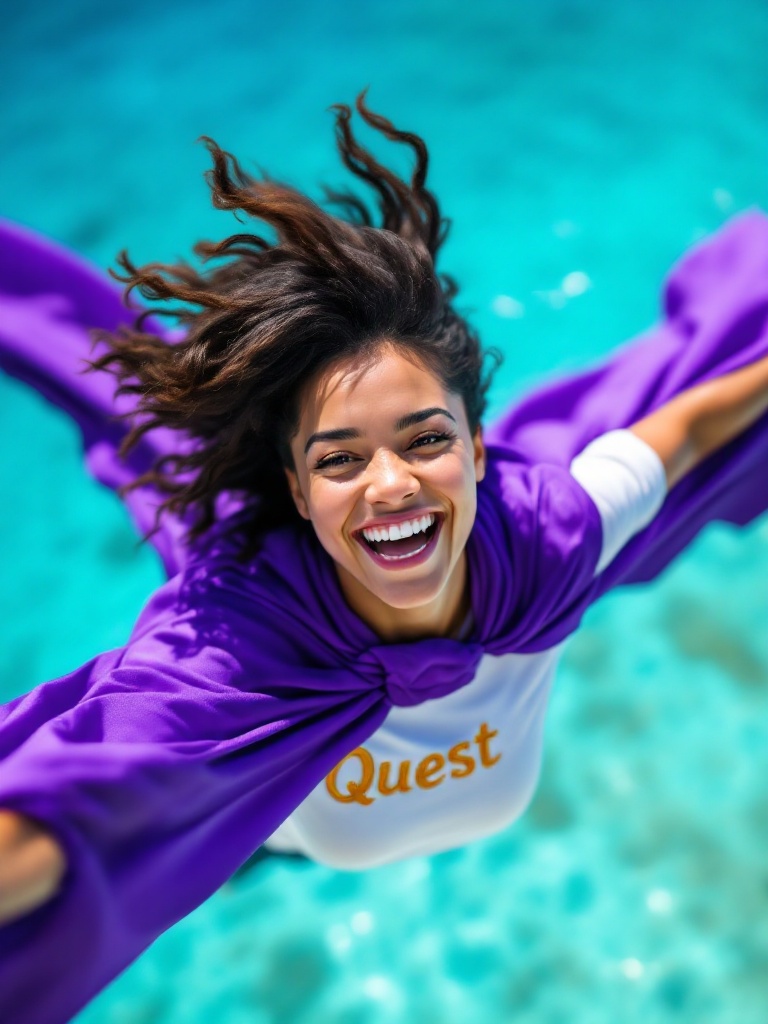 Image depicts a joyful average looking Latin female daycare teacher soaring over the Caribbean Sea. She is dressed in a vibrant purple cape with a white shirt. The shirt displays the word Quest in gold letters. The scene conveys adventure and empowerment under a sunny blue sky. The sparkling turquoise sea is below her. Happiness and inspiration are evident in her expression.