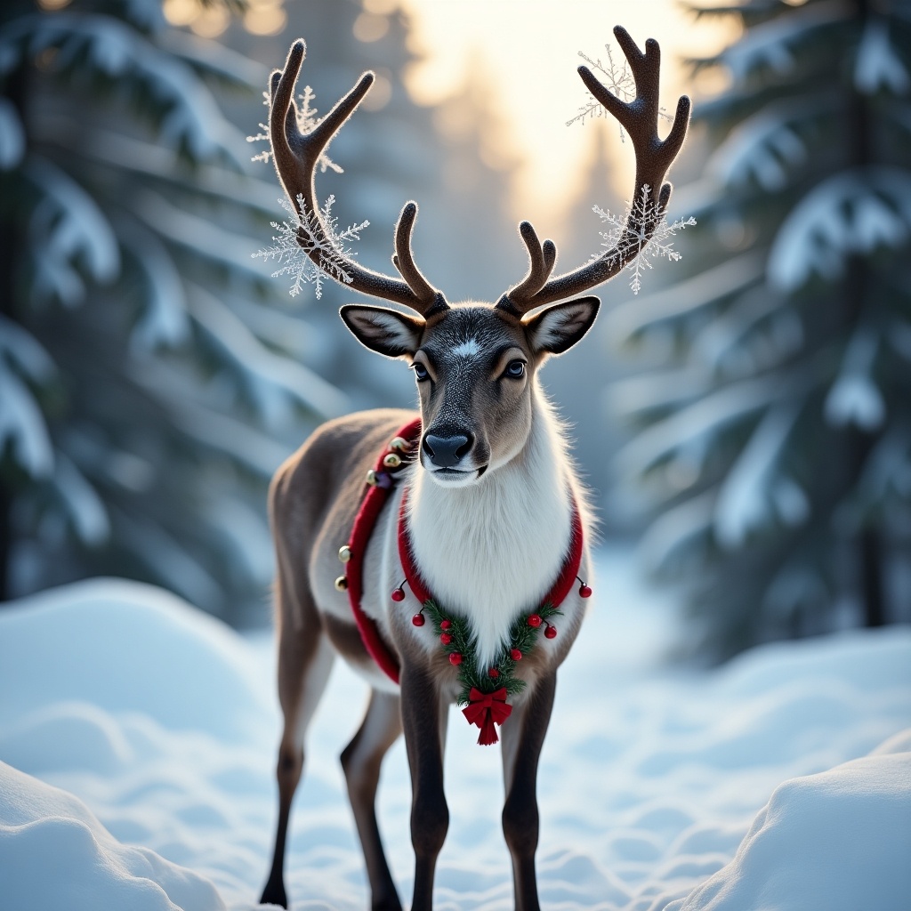 A reindeer adorned with Christmas decorations. Antlers feature snowflakes and red bows. Background is snowy with tall trees. Soft sunlight illuminating the scene.