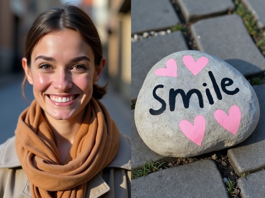 This image features a person with a warm smile, radiating joy and elegance, dressed in a stylish scarf. The background shows a blurred urban setting enhancing the subject's features. Beside her is a stone painted with the word 'smile' surrounded by pink hearts. Together, these elements evoke a sense of positivity and cheerfulness. The cobblestones add to the charm, creating a harmonious outdoor scene. This composition beautifully connects human emotion with a simple yet uplifting message.